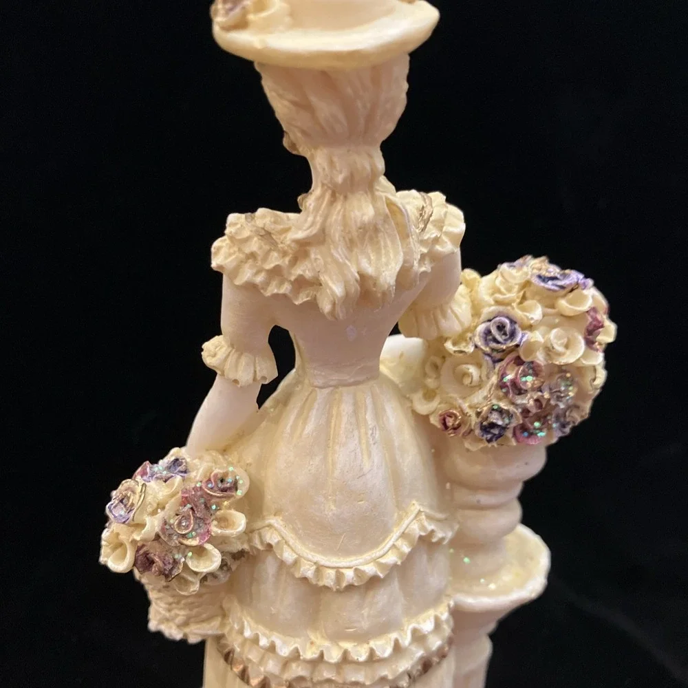 Vintage Victorian Woman w/ Basket of Shimmery Flowers Colonial Lady Figurine